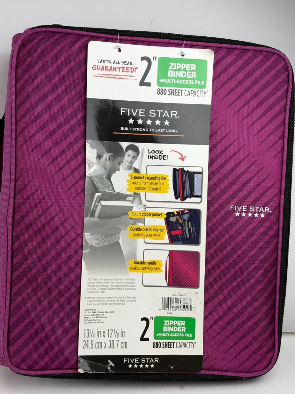 Five Star 2" Zipper Binder Multi-Access File 880 Sheet 3 Ring Purple Berry STAIN